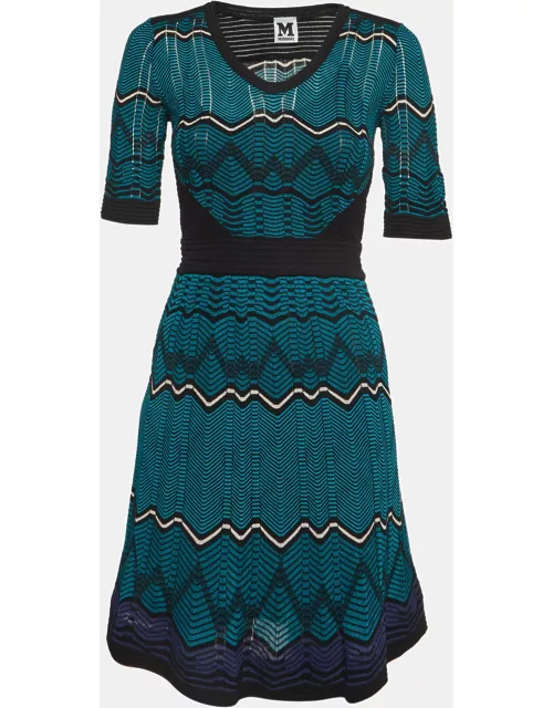 M Missoni Blue/Black Chevron Knit V-Neck Flared Mini Dress