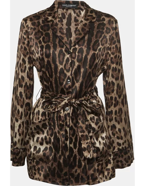 Dolce & Gabbana Brown Leopard Print Satin Pajama Shirt