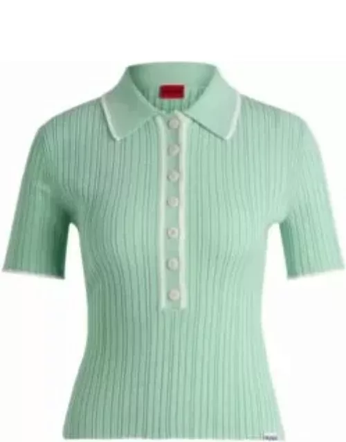Slim-fit knitted top with polo collar- Light Green Women's Casual Top