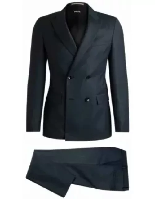 Double-breasted slim-fit suit in micro-patterned wool- Dark Blue Men's Business Suit