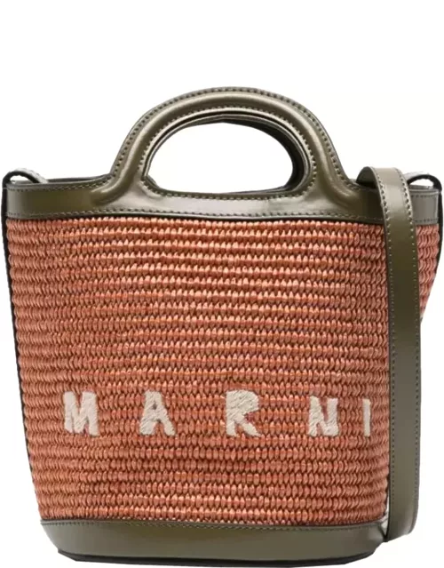 Marni Tropicalia Mini Bag In Brown Leather And Orange Raffia