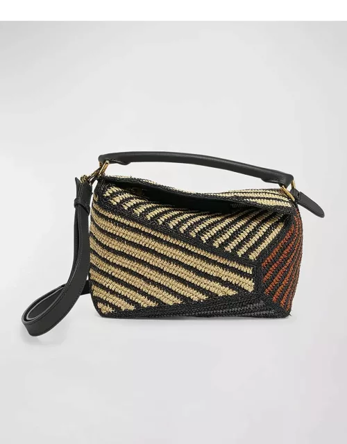 x Paula's Ibiza Puzzle Edge Small Top-Handle Bag in Striped Raffia