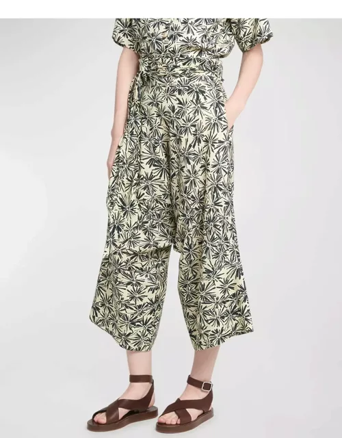 Yuki Flower-Print Wrap-Waist Wide-Leg Crop Linen Pant