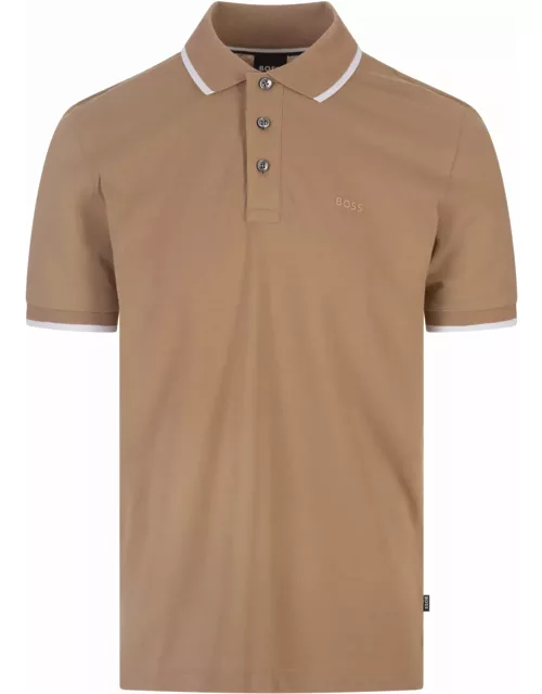 Hugo Boss Beige Slim Fit Polo Shirt With Striped Collar
