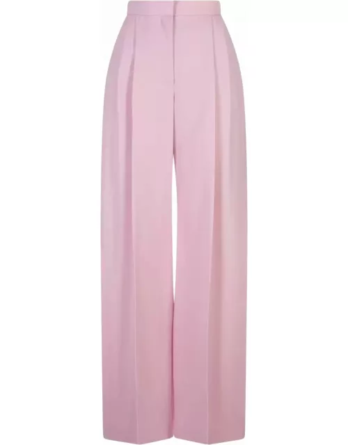 Alexander McQueen Wide Leg Trousers With Double Pleat In Light Pink