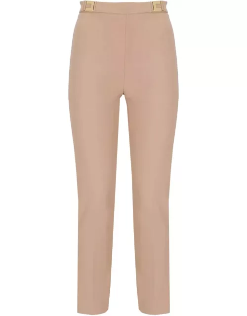 Elisabetta Franchi Straight Crepe Trousers With Logo Plaque
