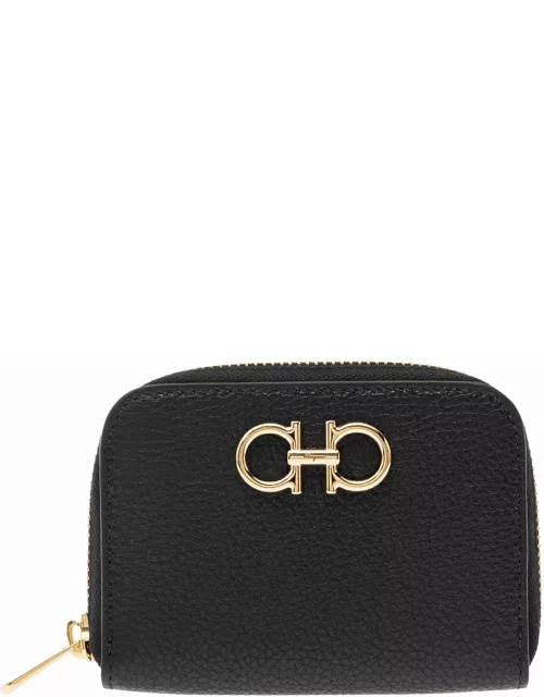 Ferragamo Black Coin Purse With Gancino Logo In Hammered Leaher Woman