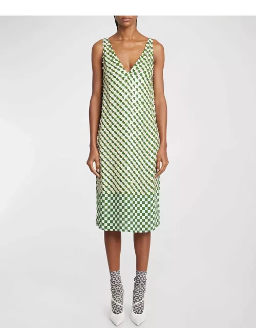 Debbie Plunging Sequin Checker-Print Sleeveless Midi Dres