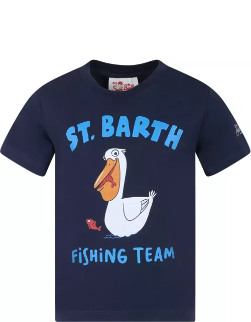 MC2 Saint Barth Blue T-shirt Forboy With Pelican Print And Logo
