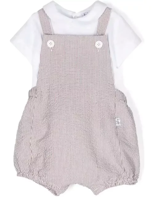 Il Gufo White And Brown Two Piece Set With Seersucker Dungaree