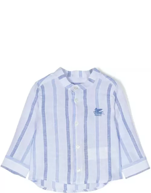 Etro Light Blue Striped Linen Shirt With Logo