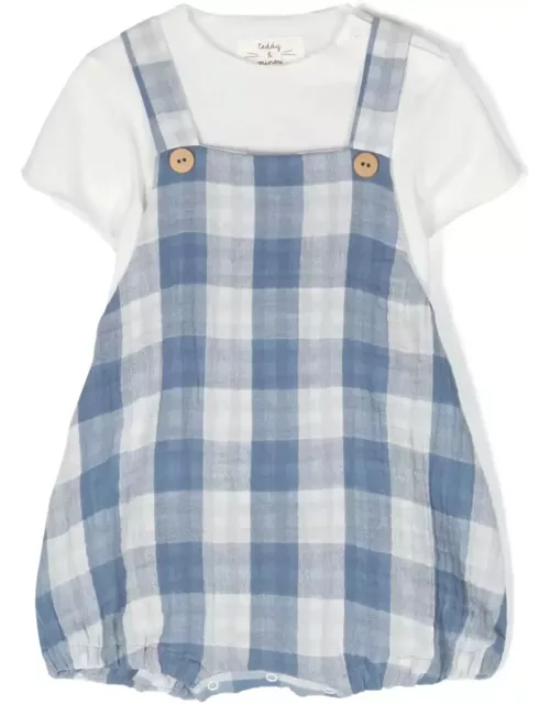 Teddy & Minou Two-piece Set With Dungarees In White And Blue