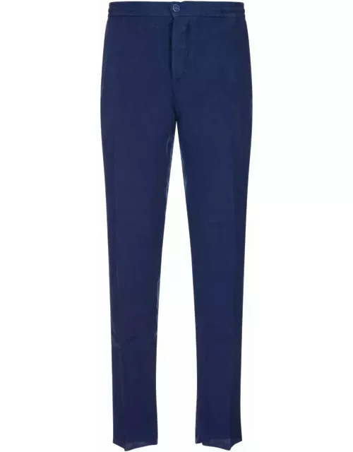 Kiton Cobalt Blue Linen Trousers With Elasticised Waistband