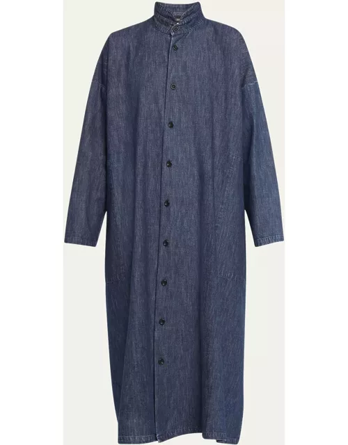 Wide A-Line Denim Shirtdress with Double Stand Collar