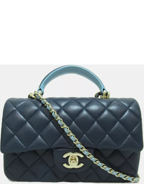 Chanel Navy Blue Quilted Lambskin Mini Flap Bag with Top Handle