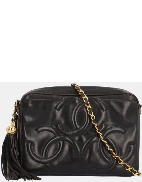 Chanel 28cm Black Lambskin Triple CC Fringe Camera Shoulder Bag