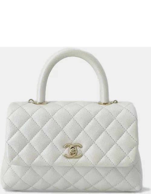 Chanel White Caviar Leather Coco Handle Shoulder Bag