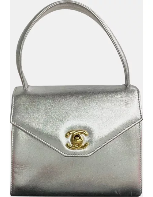 Chanel Silver Leather Small Kelly Flap Top Handle Bag