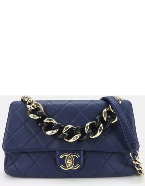 Chanel Blue Quilted Lambskin Small Resin Elegant Chain Flap Bag