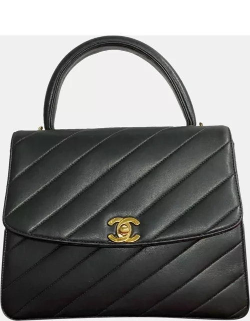 Chanel Black Lambskin Quilted Chevron Hardware Top Handle Kelly Shoulder Bag