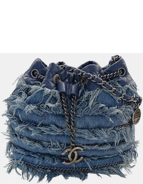 Chanel Blue Fringe Denim Drawstring Charm Bucket Bag