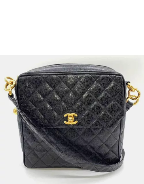 Chanel Vintage Black Caviar Quilted Zip Crossbody Bag