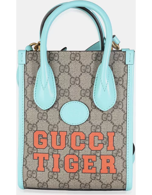 Gucci Blue Leather GG Supreme Canvas Tiger Mini Tote Bag
