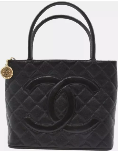Chanel Black Leather CC Caviar Medallion Tote Bag