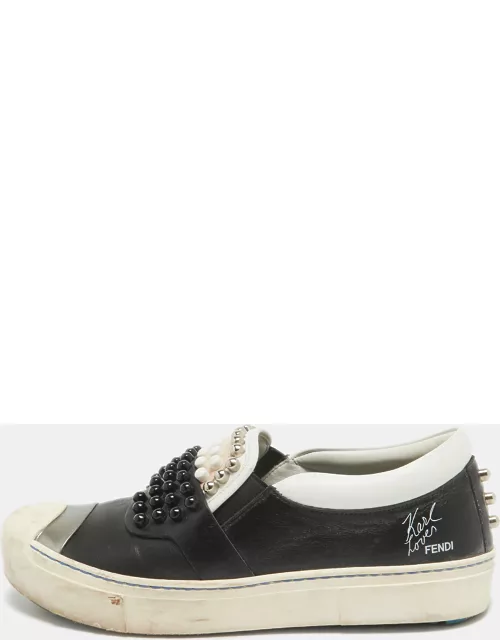 Fendi Black/White Leather Studded Karl Lover Slip On Sneaker