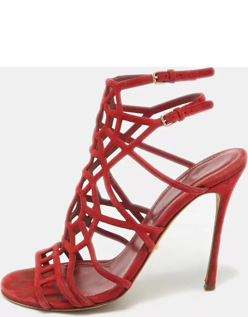 Sergio Rossi Red Suede Puzzle Caged Sandal