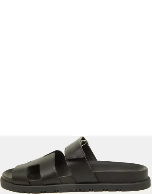 Hermes Black Leather Chypre Sandal 37