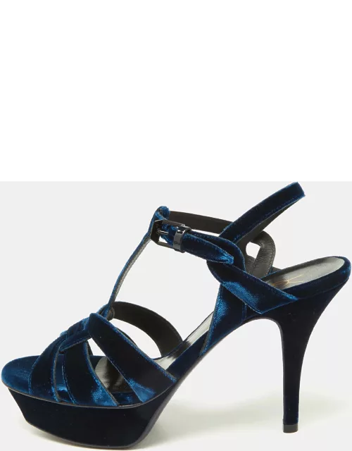 Saint Laurent Navy Blue Velvet Tribute Platform Ankle Strap Sandal