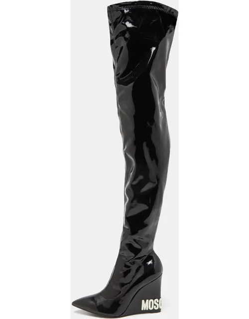 Moschino Black Leather Patent Over The Kee Length Wedge Boot