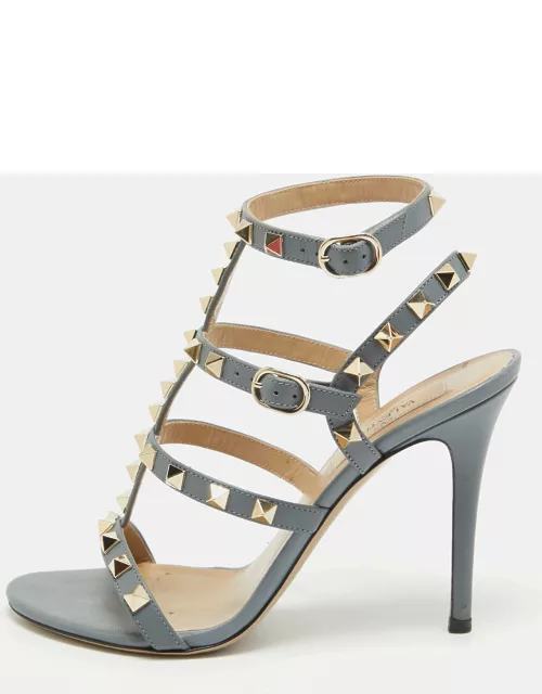 Valentino Grey Leather Rockstud Ankle Strap Sandal