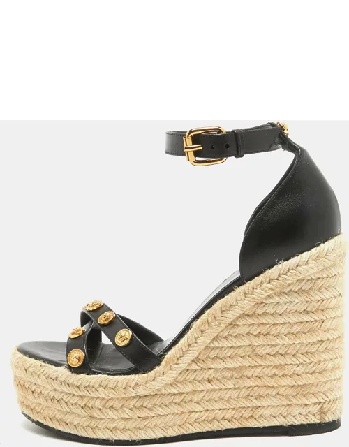Versace Black Leather Wedge Ankle Strap Sandal