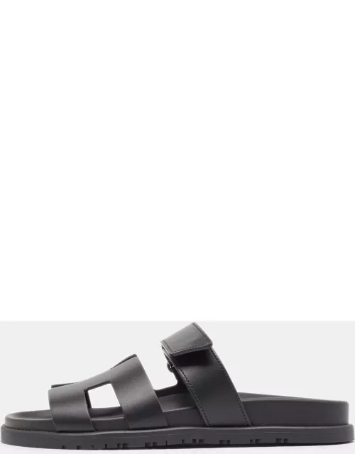 Hermes Black Leather Chypre Flat Sandal