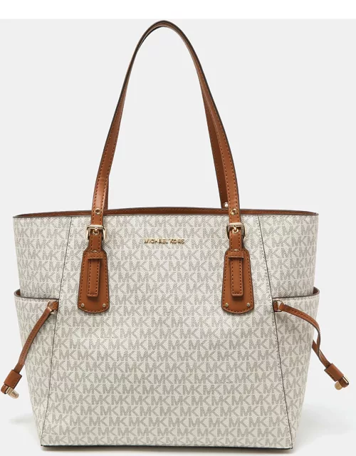 Michael Kors Cream/Tan Signature Coated Canvas and Leather Voyager Tote