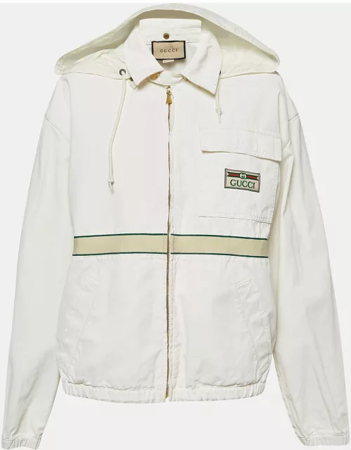 Gucci Cream Cotton Web Accent Zip Front Hooded Windbreaker Jacket