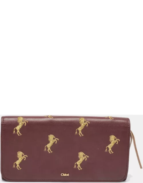 Chloe Burgundy Leather Horse Embroidered Flap Continental Wallet