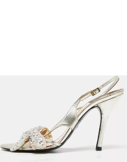 Chloe Silver Leather Crystal Embellished Bow Detail Ankle Strap Sandal