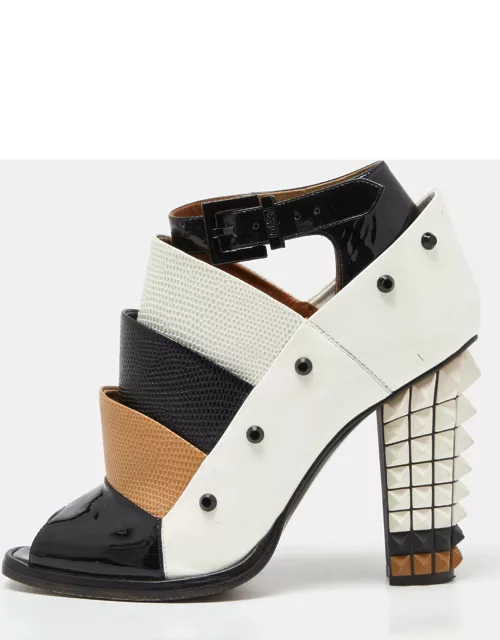 Fendi Multicolor Patent Leather and Embossed Lizard Studded Peep Toe Ankle Strap Bootie