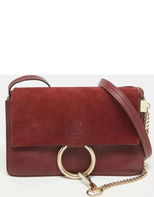 Chloe Burgundy Leather and Suede Small Faye Shoulder Bag