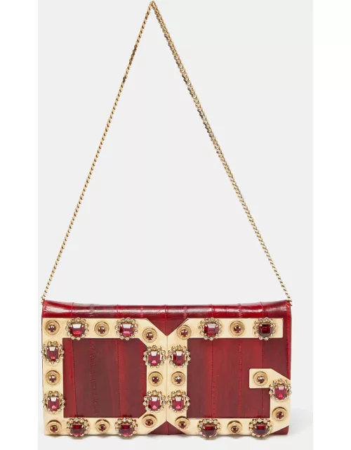 Dolce & Gabbana Red Eel Leather DG Gems Stone Embellished Wallet on Chain