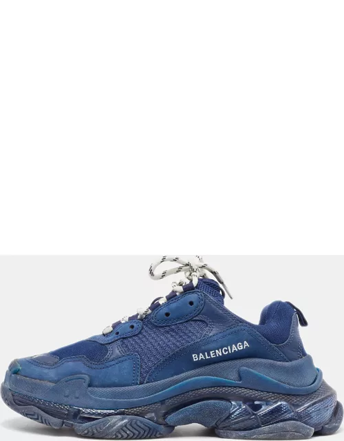 Balenciaga Navy Blue Leather and Mesh Triple S Clear Sole Sneaker