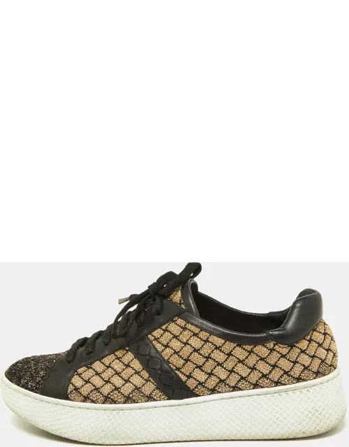 Bottega Veneta Black/Gold Woven Fabric and Leather Low Top Sneaker