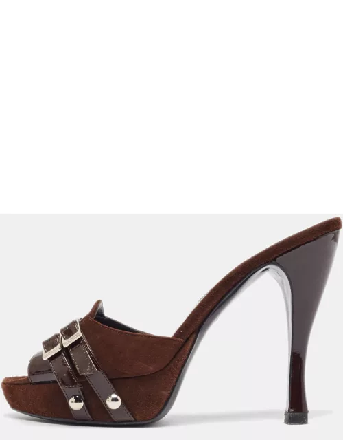 Dior Brown Suede and Patent Leather Peep Toe Sandal