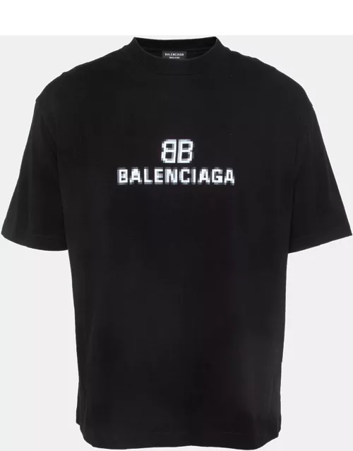 Balenciaga Black Blurry Logo Print Cotton Crew Neck T-Shirt