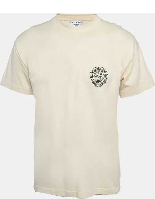 Balenciaga Light Yellow Logo Embroidered Cotton Crew Neck T-Shirt