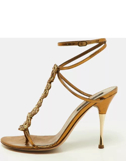 Louis Vuitton Metallic Gold Leather Crystal Embellished Ankle Strap Sandal
