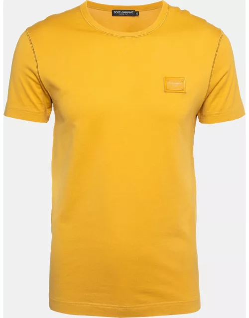 Dolce & Gabbana Yellow Logo Applique Cotton Knit Crew Neck T-Shirt